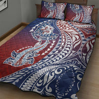 Hawaiian Manta Ray and Hammerhead Shark Tribal Tattoo Quilt Bed Set with Polynesian Tribal Pattern Hawaii Flag Color