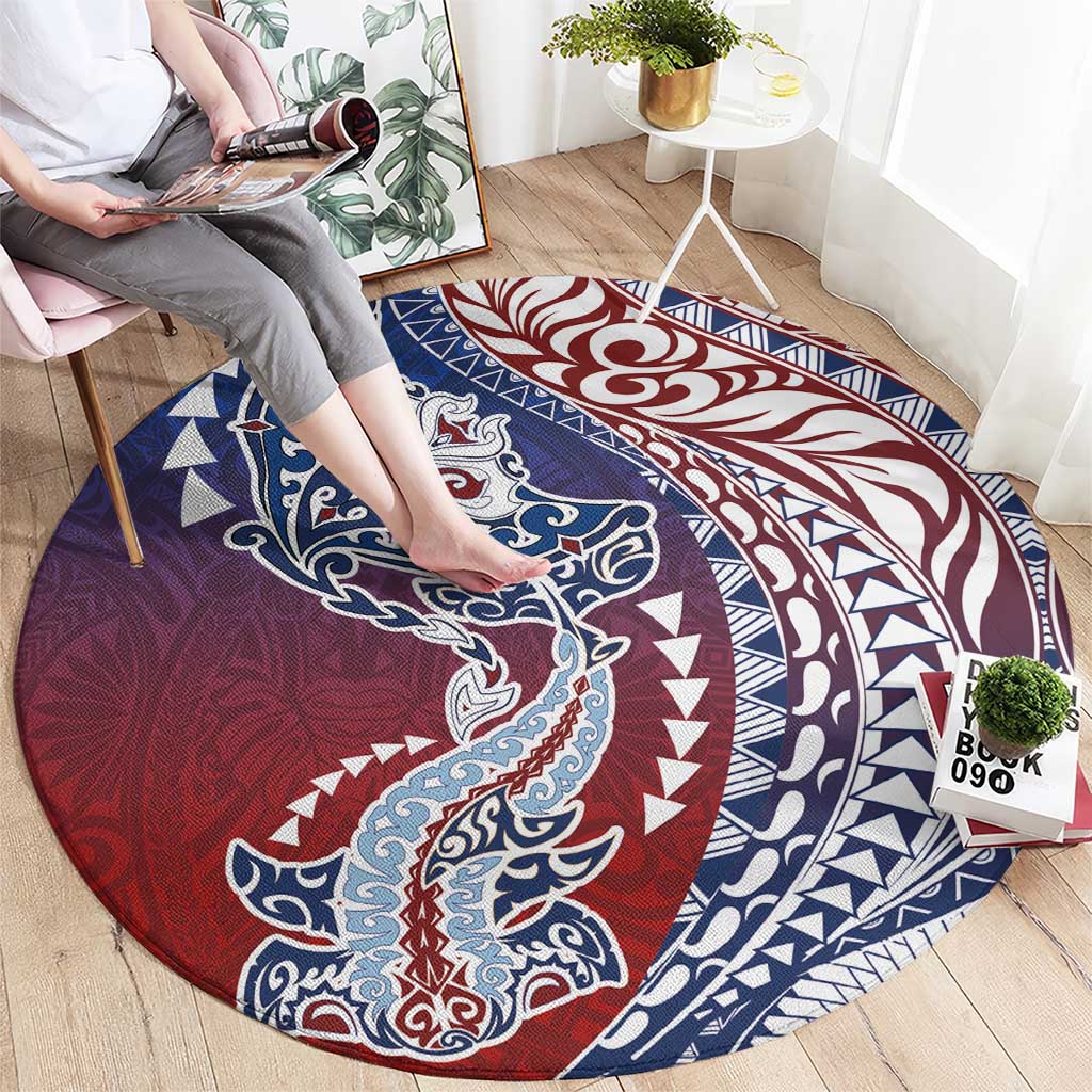 Hawaiian Manta Ray and Hammerhead Shark Tribal Tattoo Round Carpet with Polynesian Tribal Pattern Hawaii Flag Color