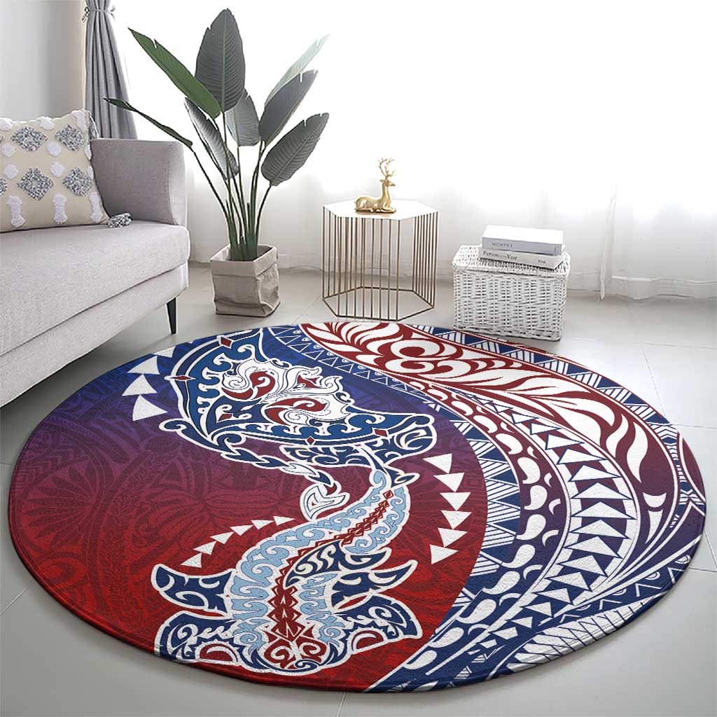 Hawaiian Manta Ray and Hammerhead Shark Tribal Tattoo Round Carpet with Polynesian Tribal Pattern Hawaii Flag Color