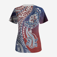 Hawaiian Manta Ray and Hammerhead Shark Tribal Tattoo Scrub Top with Polynesian Tribal Pattern Hawaii Flag Color