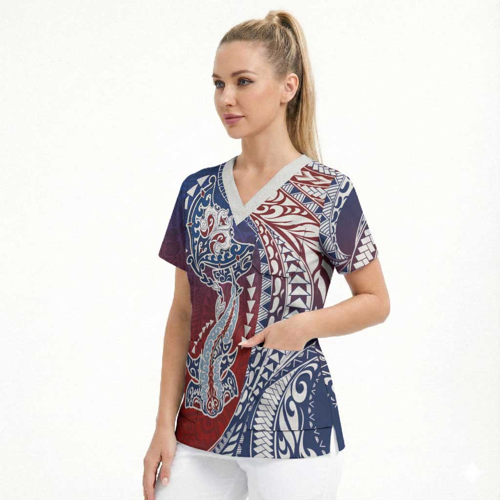 Hawaiian Manta Ray and Hammerhead Shark Tribal Tattoo Scrub Top with Polynesian Tribal Pattern Hawaii Flag Color