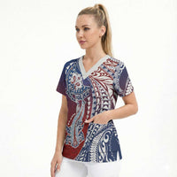 Hawaiian Manta Ray and Hammerhead Shark Tribal Tattoo Scrub Top with Polynesian Tribal Pattern Hawaii Flag Color