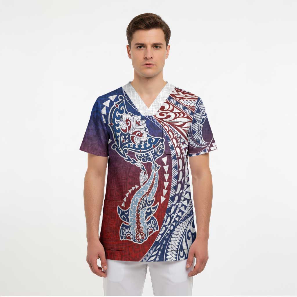 Hawaiian Manta Ray and Hammerhead Shark Tribal Tattoo Scrub Top with Polynesian Tribal Pattern Hawaii Flag Color