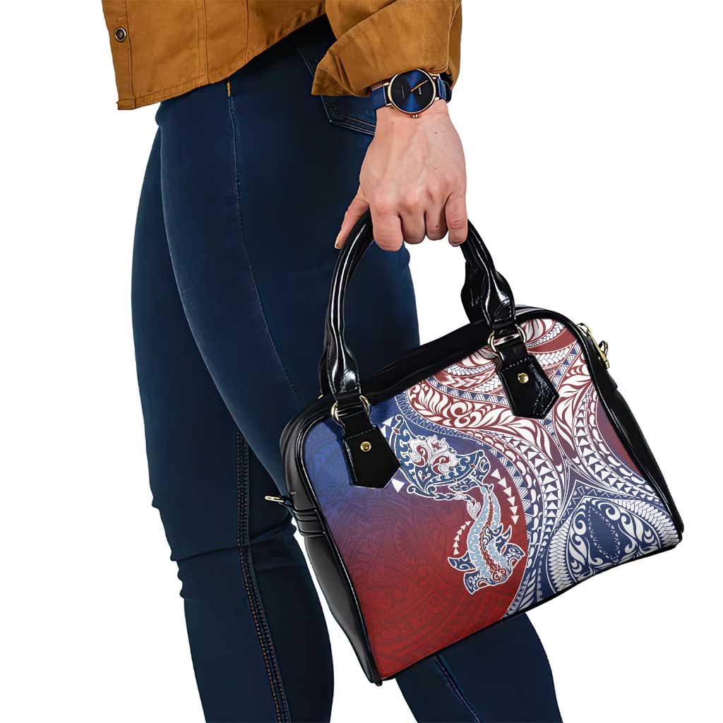 Hawaiian Manta Ray and Hammerhead Shark Tribal Tattoo Shoulder Handbag with Polynesian Tribal Pattern Hawaii Flag Color