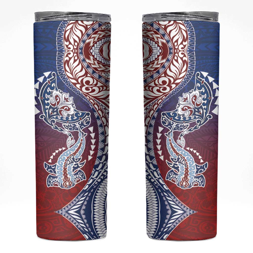 Hawaiian Manta Ray and Hammerhead Shark Tribal Tattoo Skinny Tumbler with Polynesian Tribal Pattern Hawaii Flag Color LT03 Multicolor - Polynesian Pride