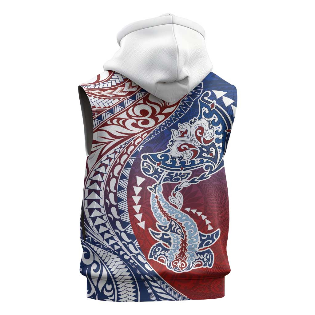 Hawaiian Manta Ray and Hammerhead Shark Tribal Tattoo Sleeveless Zip Hoodie with Polynesian Tribal Pattern Hawaii Flag Color LT03 - Polynesian Pride