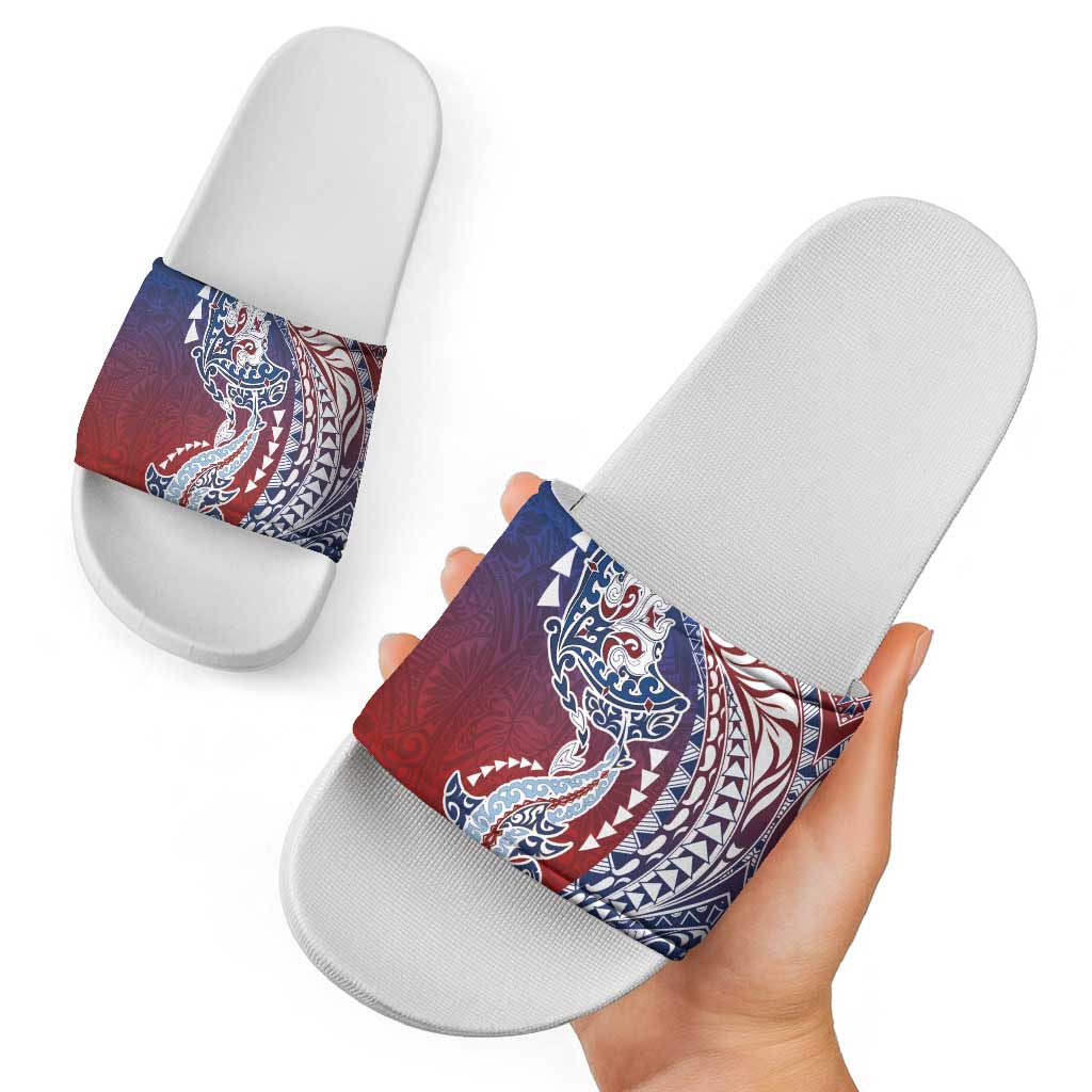 Hawaiian Manta Ray and Hammerhead Shark Tribal Tattoo Slide Sandals with Polynesian Tribal Pattern Hawaii Flag Color
