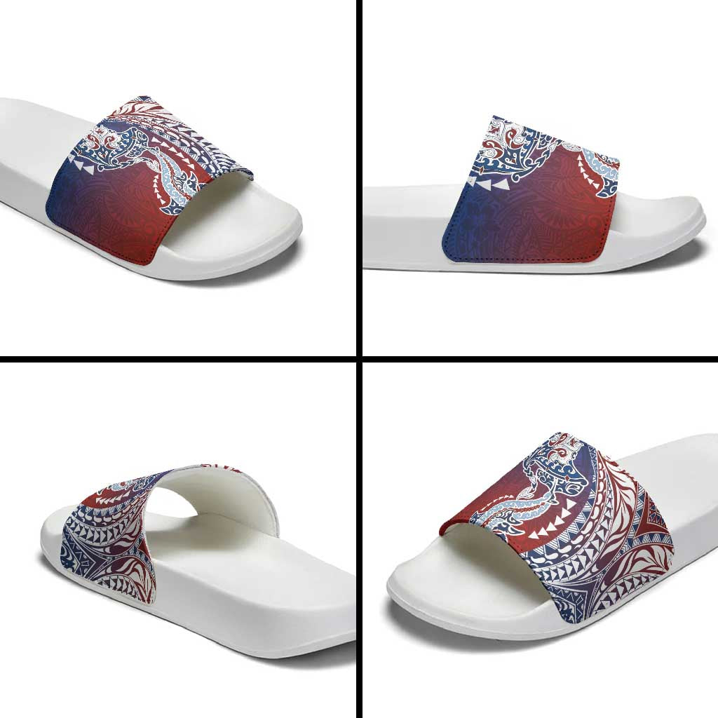 Hawaiian Manta Ray and Hammerhead Shark Tribal Tattoo Slide Sandals with Polynesian Tribal Pattern Hawaii Flag Color