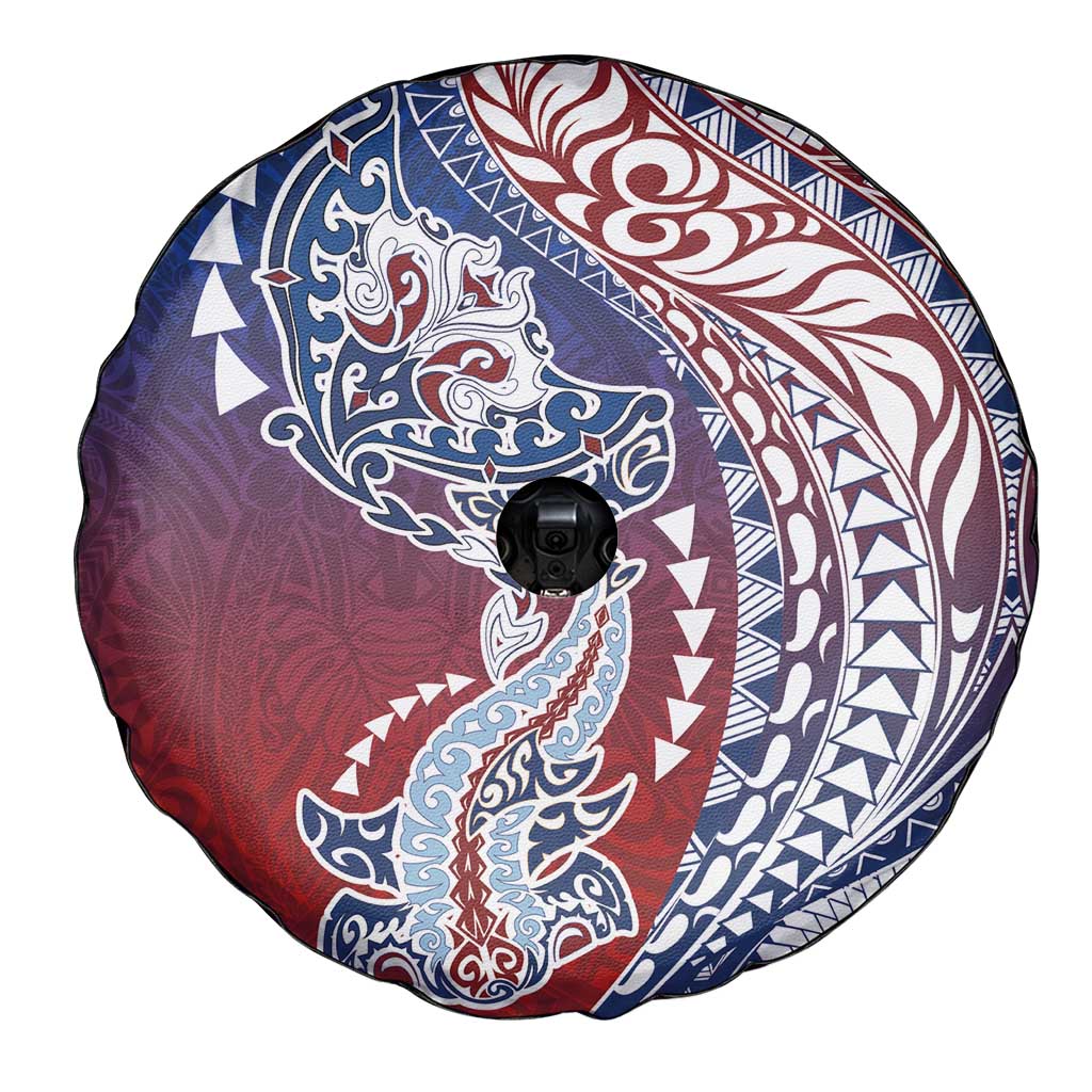 Hawaiian Manta Ray and Hammerhead Shark Tribal Tattoo Spare Tire Cover with Polynesian Tribal Pattern Hawaii Flag Color