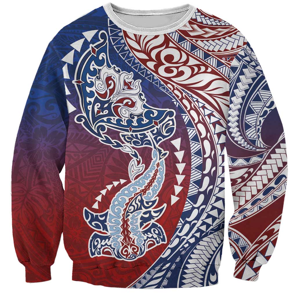 Hawaiian Manta Ray and Hammerhead Shark Tribal Tattoo Sweatshirt with Polynesian Tribal Pattern Hawaii Flag Color