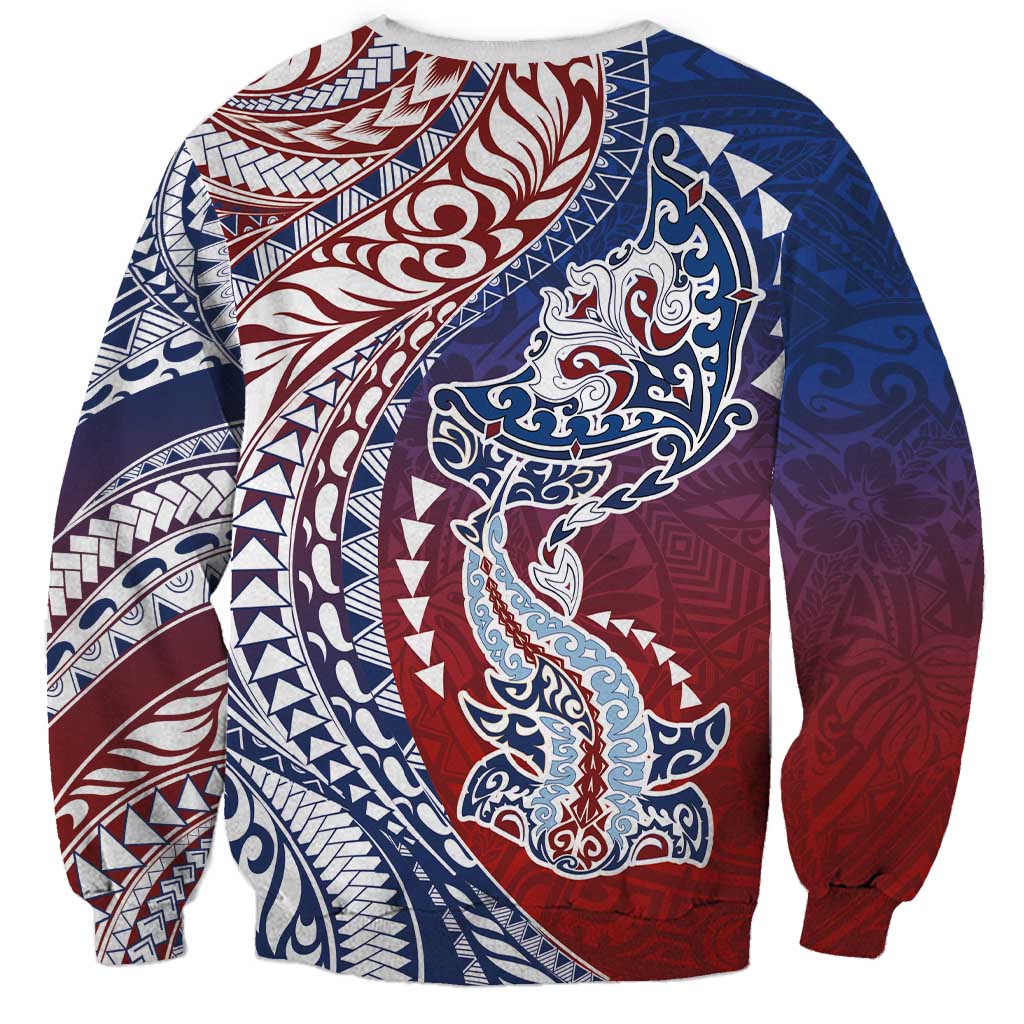 Hawaiian Manta Ray and Hammerhead Shark Tribal Tattoo Sweatshirt with Polynesian Tribal Pattern Hawaii Flag Color