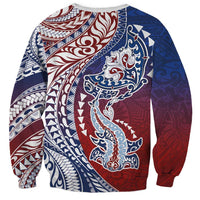 Hawaiian Manta Ray and Hammerhead Shark Tribal Tattoo Sweatshirt with Polynesian Tribal Pattern Hawaii Flag Color
