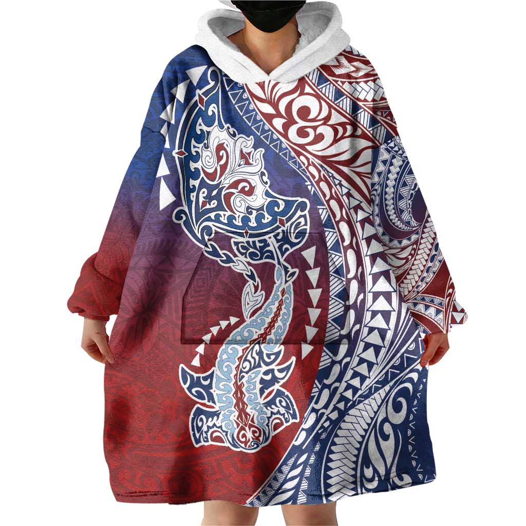 Hawaiian Manta Ray and Hammerhead Shark Tribal Tattoo Wearable Blanket Hoodie with Polynesian Tribal Pattern Hawaii Flag Color LT03 - Polynesian Pride