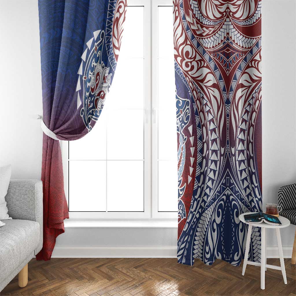 Hawaiian Manta Ray and Hammerhead Shark Tribal Tattoo Window Curtain with Polynesian Tribal Pattern Hawaii Flag Color