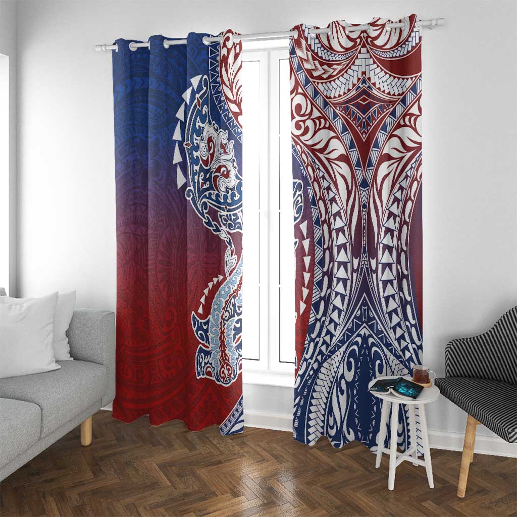 Hawaiian Manta Ray and Hammerhead Shark Tribal Tattoo Window Curtain with Polynesian Tribal Pattern Hawaii Flag Color