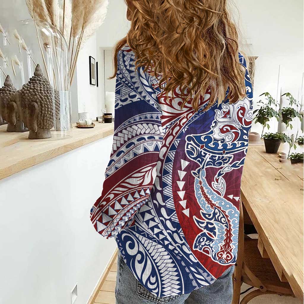 Hawaiian Manta Ray and Hammerhead Shark Tribal Tattoo Women Casual Shirt with Polynesian Tribal Pattern Hawaii Flag Color LT03 - Polynesian Pride