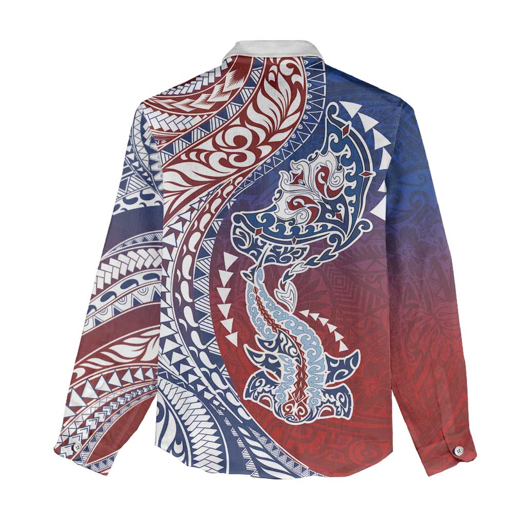 Hawaiian Manta Ray and Hammerhead Shark Tribal Tattoo Women Casual Shirt with Polynesian Tribal Pattern Hawaii Flag Color LT03 - Polynesian Pride