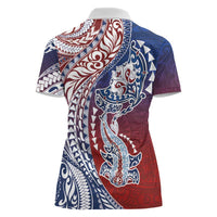 Hawaiian Manta Ray and Hammerhead Shark Tribal Tattoo Women Polo Shirt with Polynesian Tribal Pattern Hawaii Flag Color LT03 - Polynesian Pride