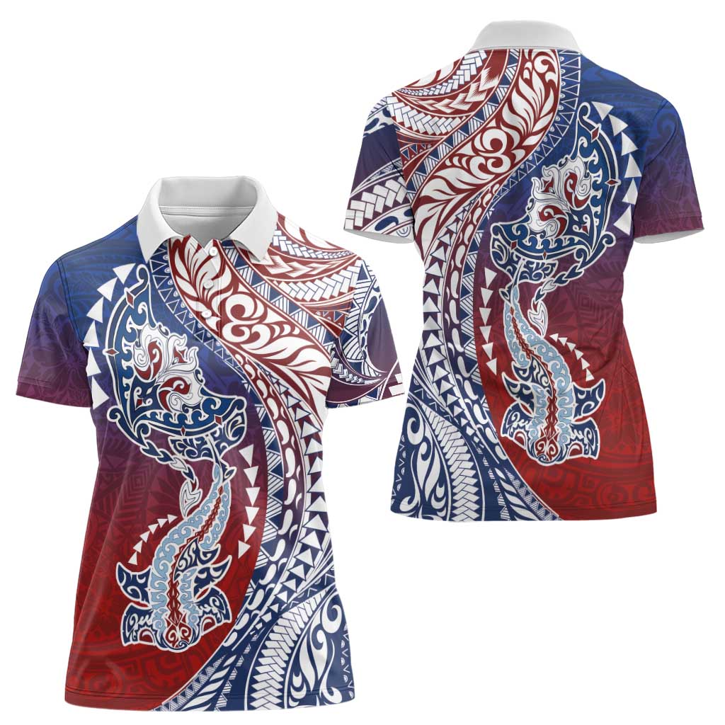 Hawaiian Manta Ray and Hammerhead Shark Tribal Tattoo Women Polo Shirt with Polynesian Tribal Pattern Hawaii Flag Color LT03 - Polynesian Pride