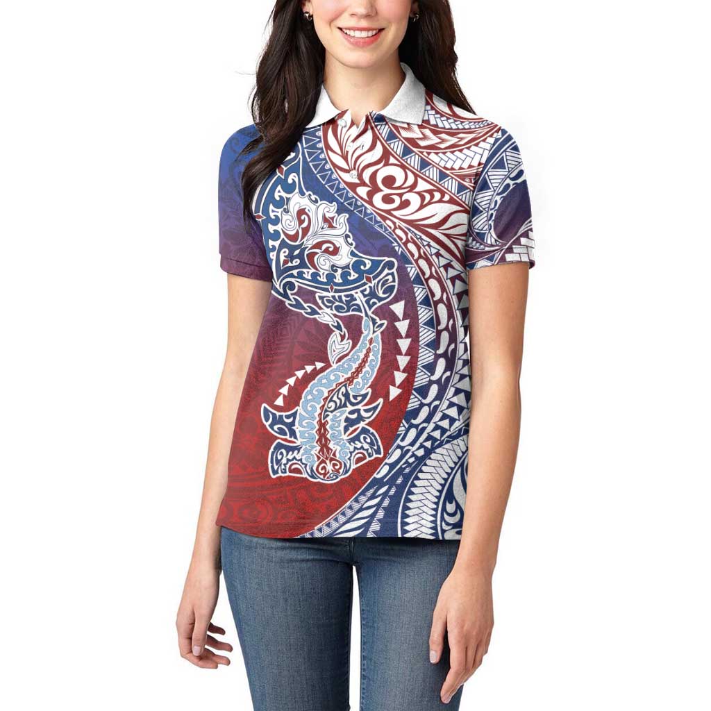 Hawaiian Manta Ray and Hammerhead Shark Tribal Tattoo Women Polo Shirt with Polynesian Tribal Pattern Hawaii Flag Color LT03 - Polynesian Pride