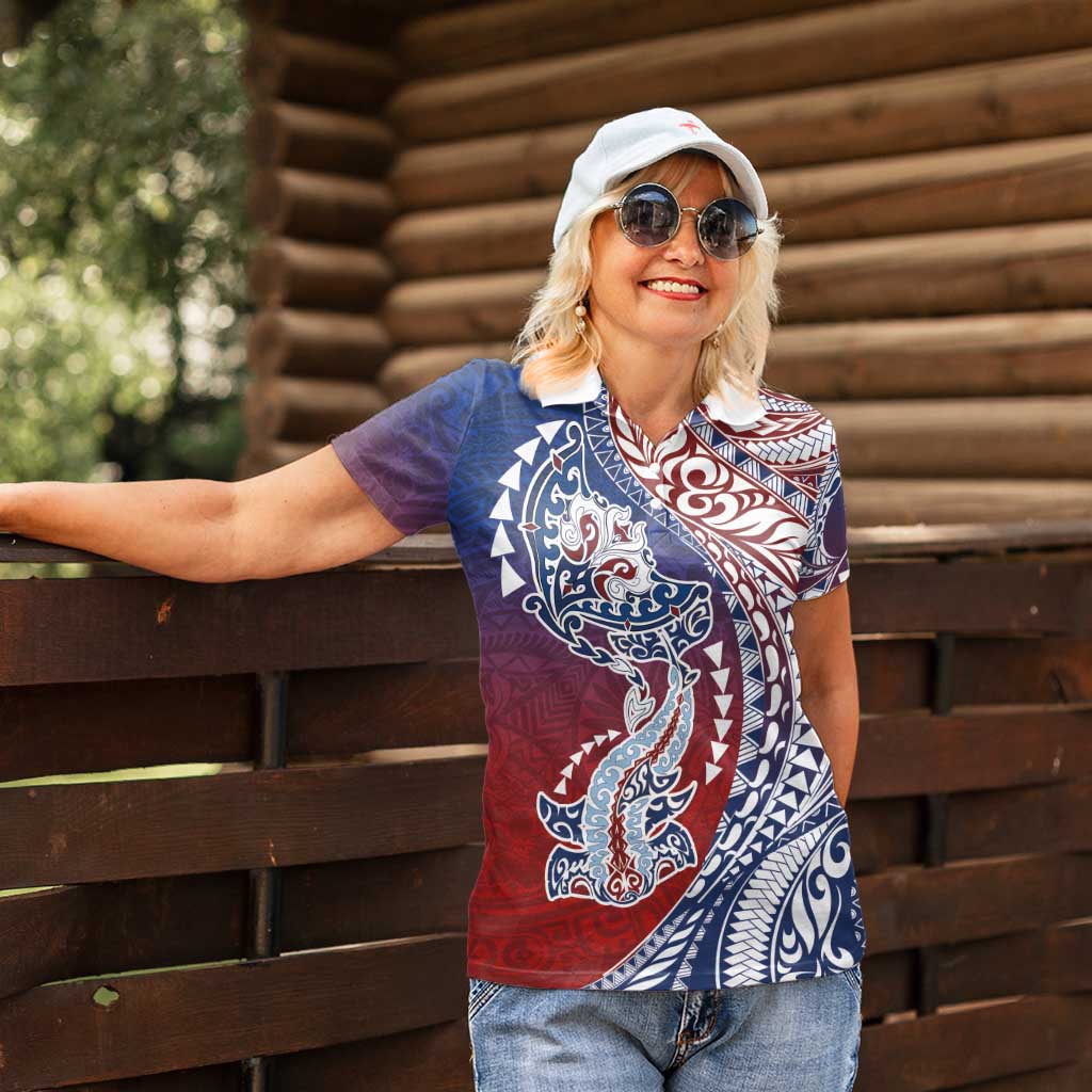 Hawaiian Manta Ray and Hammerhead Shark Tribal Tattoo Women Polo Shirt with Polynesian Tribal Pattern Hawaii Flag Color LT03 - Polynesian Pride