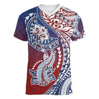 Hawaiian Manta Ray and Hammerhead Shark Tribal Tattoo Women V-Neck T-Shirt with Polynesian Tribal Pattern Hawaii Flag Color LT03 Female Multicolor - Polynesian Pride