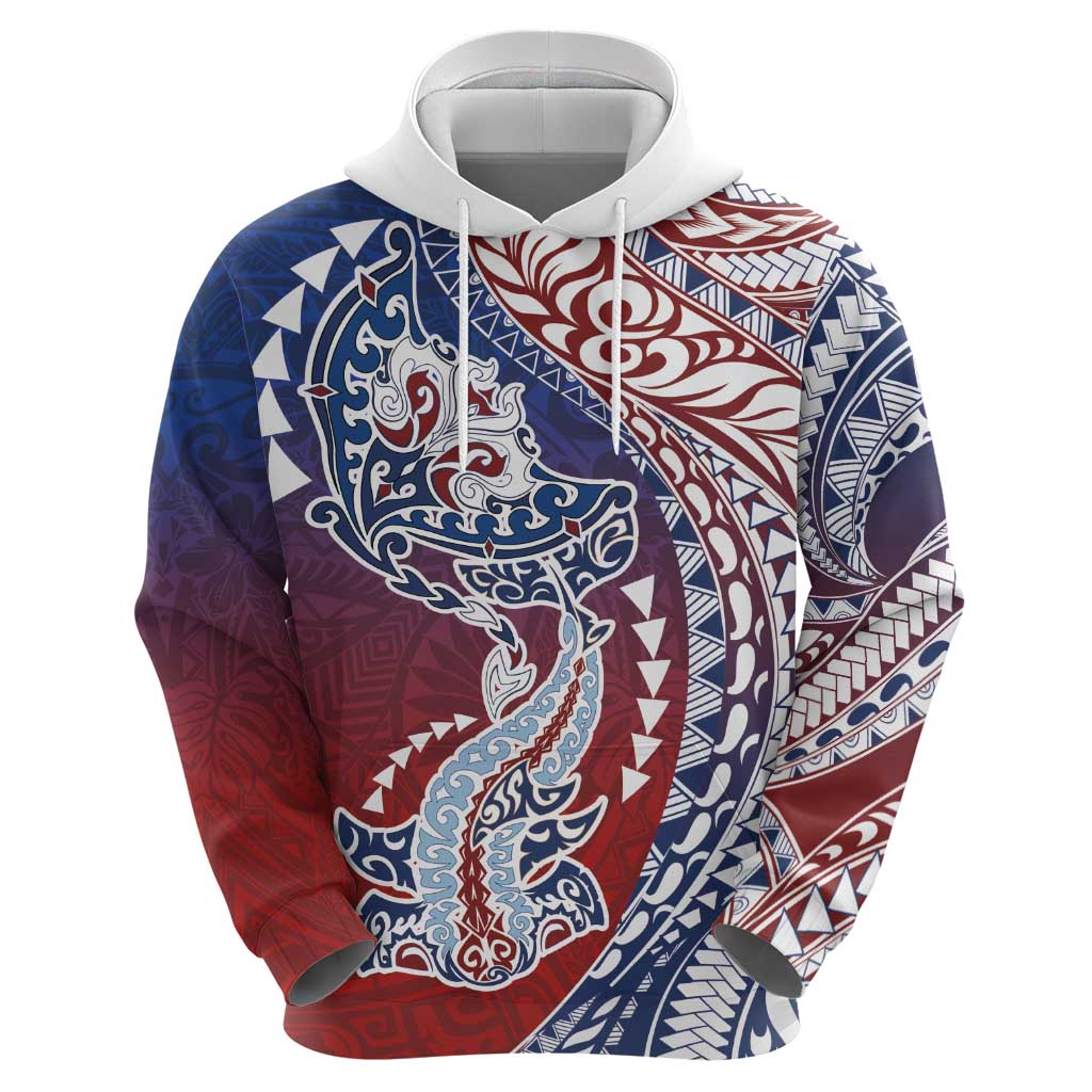 Hawaiian Manta Ray and Hammerhead Shark Tribal Tattoo Zip Hoodie with Polynesian Tribal Pattern Hawaii Flag Color