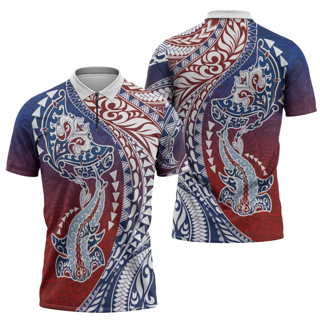 Hawaiian Manta Ray and Hammerhead Shark Tribal Tattoo Zipper Polo Shirt with Polynesian Tribal Pattern Hawaii Flag Color LT03 - Polynesian Pride