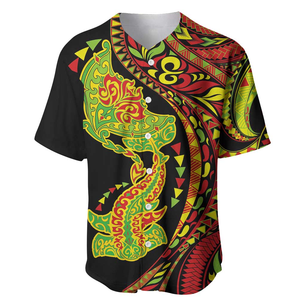 Hawaiian Manta Ray and Hammerhead Shark Tribal Tattoo Baseball Jersey with Polynesian Tribal Pattern Kanaka Maoli Flag Color