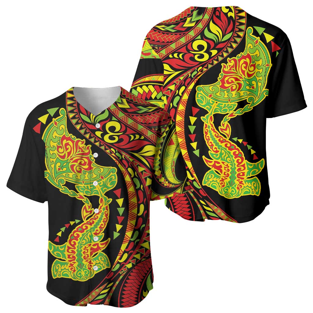Hawaiian Manta Ray and Hammerhead Shark Tribal Tattoo Baseball Jersey with Polynesian Tribal Pattern Kanaka Maoli Flag Color