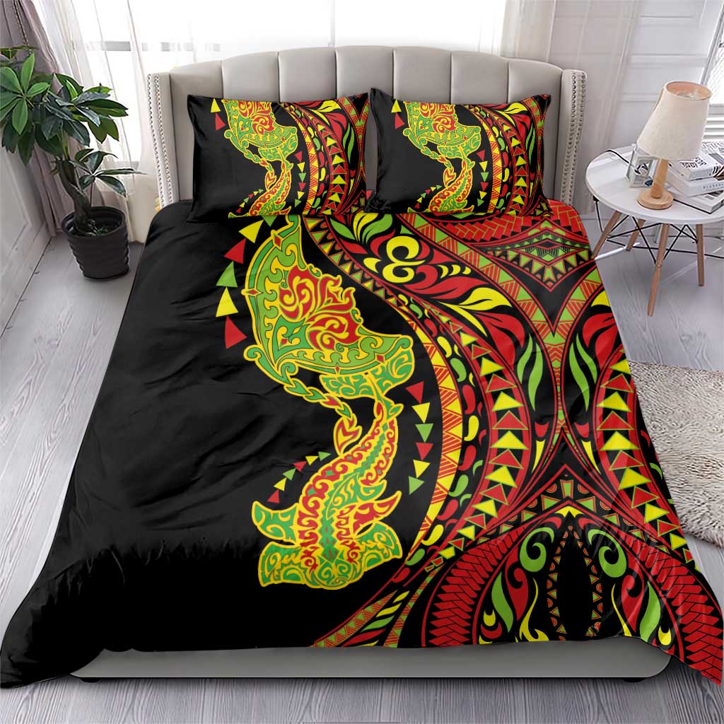 Hawaiian Manta Ray and Hammerhead Shark Tribal Tattoo Bedding Set with Polynesian Tribal Pattern Kanaka Maoli Flag Color