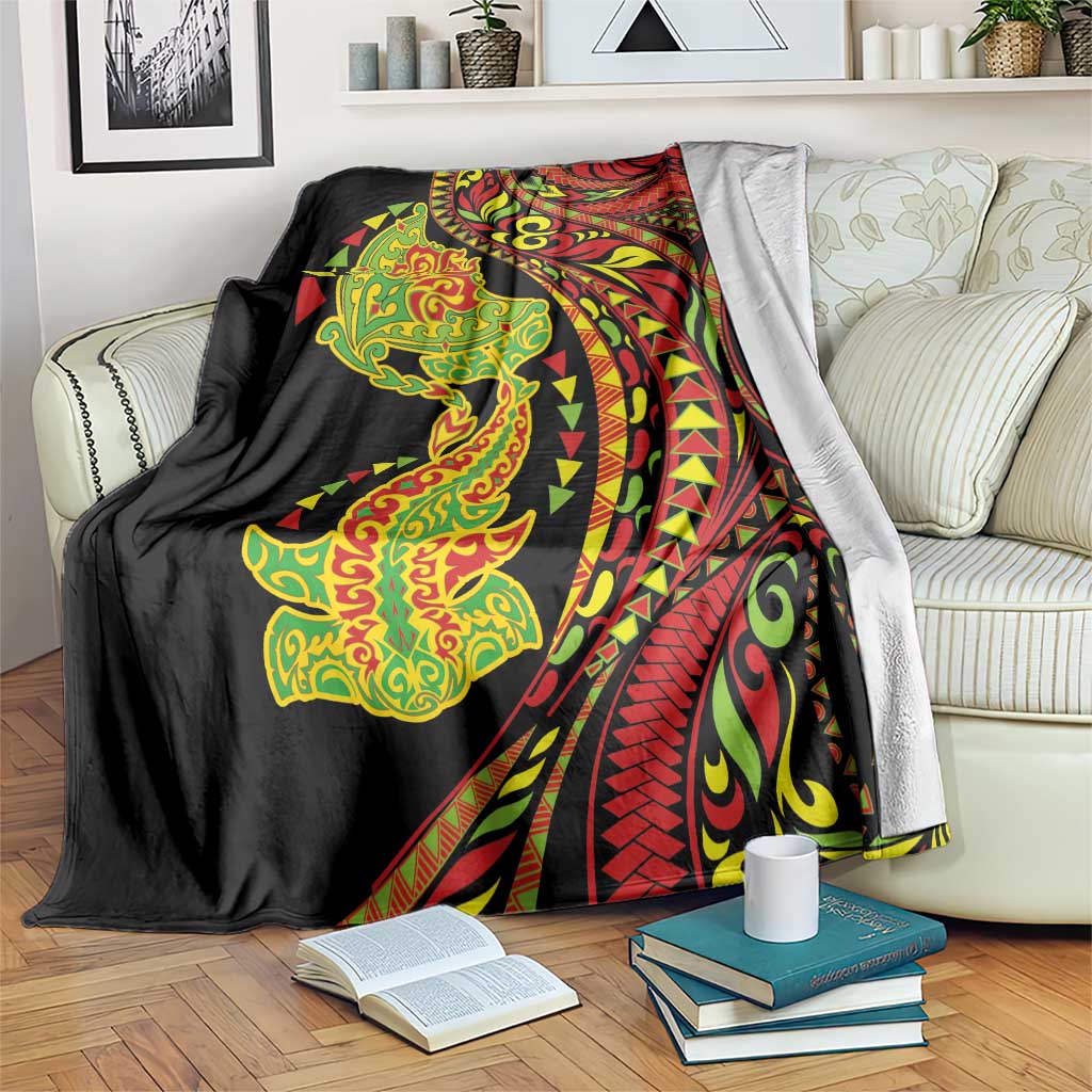 Hawaiian Manta Ray and Hammerhead Shark Tribal Tattoo Blanket with Polynesian Tribal Pattern Kanaka Maoli Flag Color
