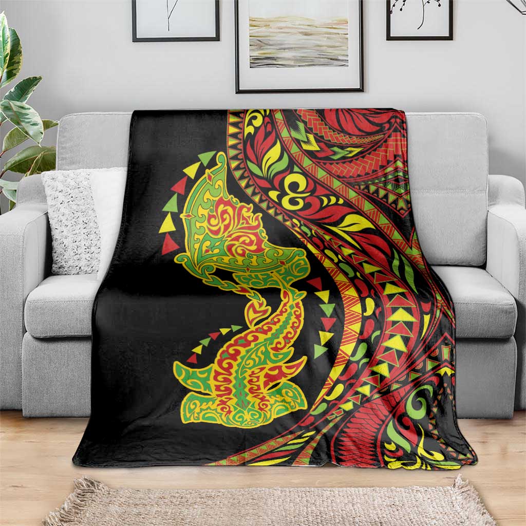 Hawaiian Manta Ray and Hammerhead Shark Tribal Tattoo Blanket with Polynesian Tribal Pattern Kanaka Maoli Flag Color