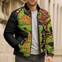 Hawaiian Manta Ray and Hammerhead Shark Tribal Tattoo Bomber Puffer Jacket with Polynesian Tribal Pattern Kanaka Maoli Flag Color
