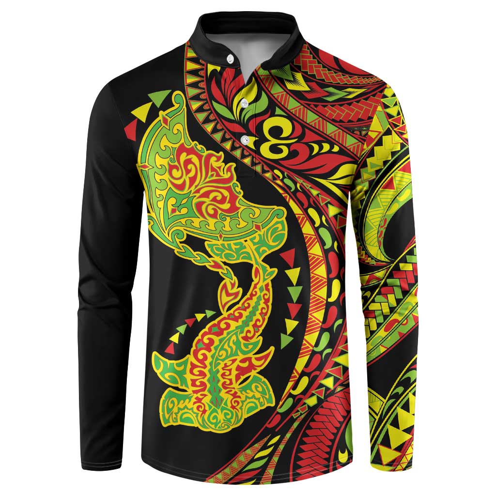 Hawaiian Manta Ray and Hammerhead Shark Tribal Tattoo Button Sweatshirt with Polynesian Tribal Pattern Kanaka Maoli Flag Color