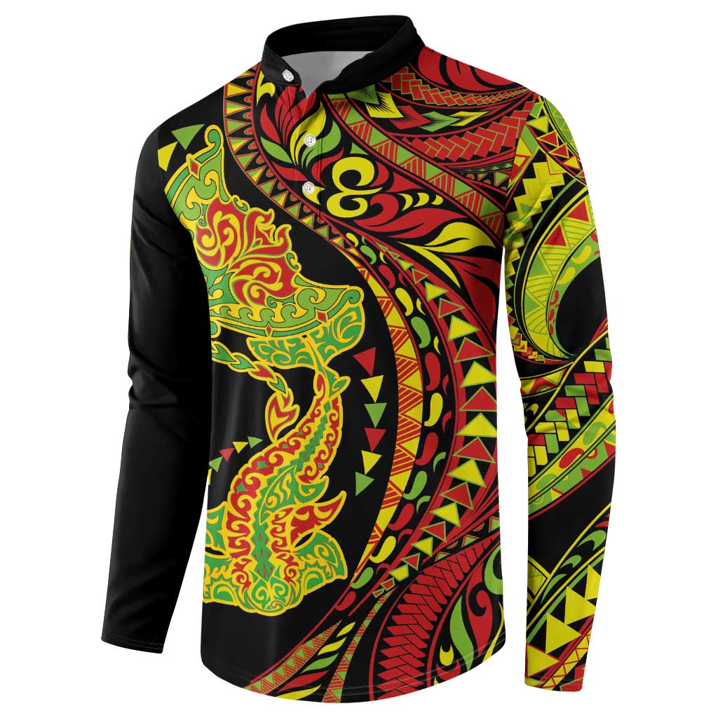 Hawaiian Manta Ray and Hammerhead Shark Tribal Tattoo Button Sweatshirt with Polynesian Tribal Pattern Kanaka Maoli Flag Color