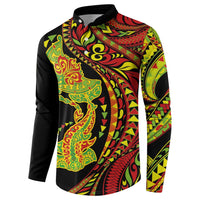 Hawaiian Manta Ray and Hammerhead Shark Tribal Tattoo Button Sweatshirt with Polynesian Tribal Pattern Kanaka Maoli Flag Color