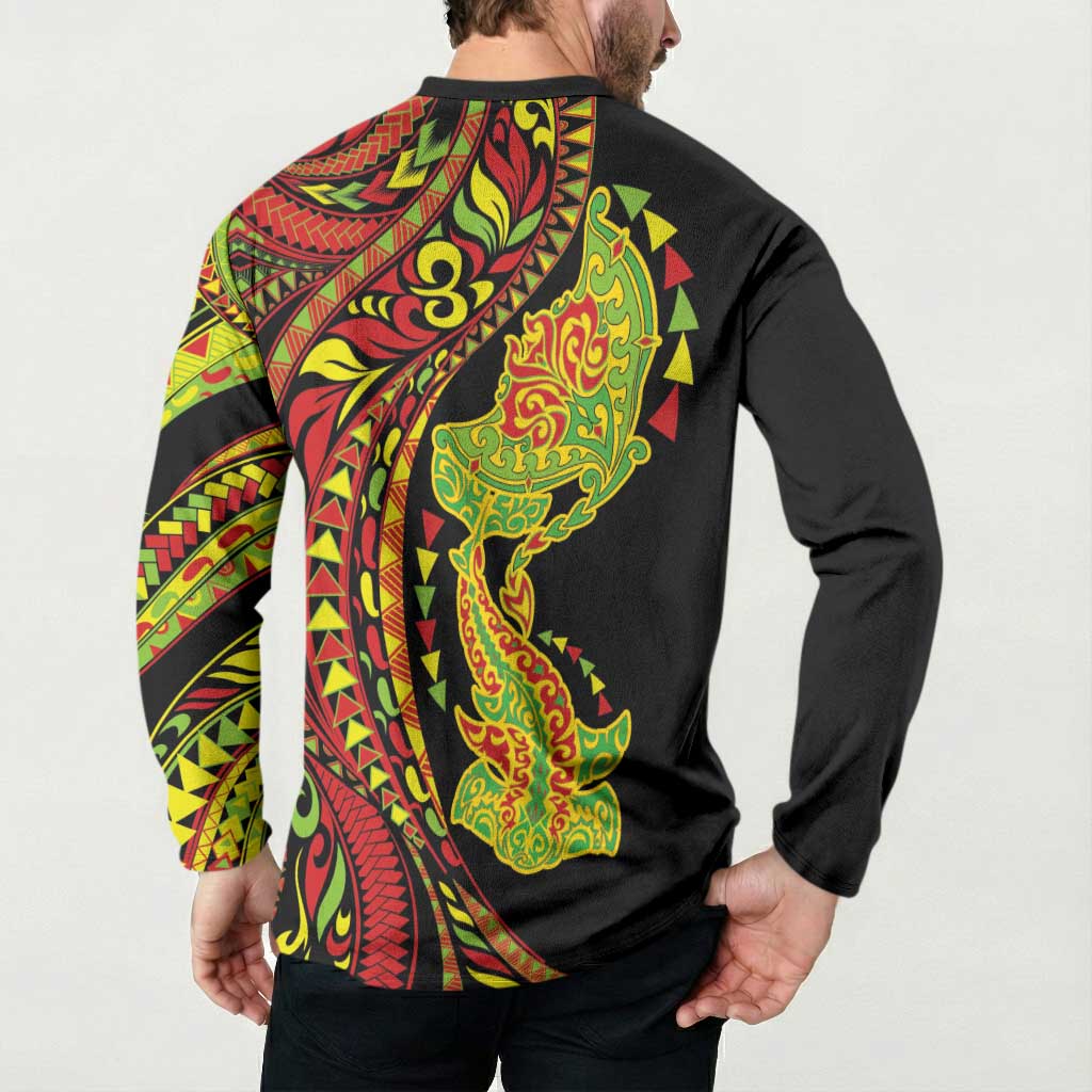 Hawaiian Manta Ray and Hammerhead Shark Tribal Tattoo Button Sweatshirt with Polynesian Tribal Pattern Kanaka Maoli Flag Color