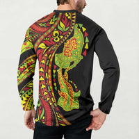 Hawaiian Manta Ray and Hammerhead Shark Tribal Tattoo Button Sweatshirt with Polynesian Tribal Pattern Kanaka Maoli Flag Color