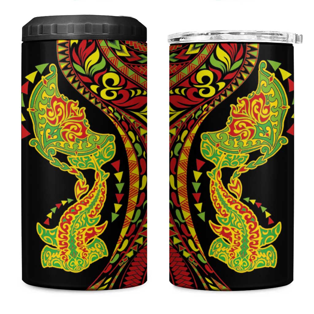 Hawaiian Manta Ray and Hammerhead Shark Tribal Tattoo 4 in 1 Can Cooler Tumbler with Polynesian Tribal Pattern Kanaka Maoli Flag Color LT03 One Size: 16 oz Multicolor - Polynesian Pride