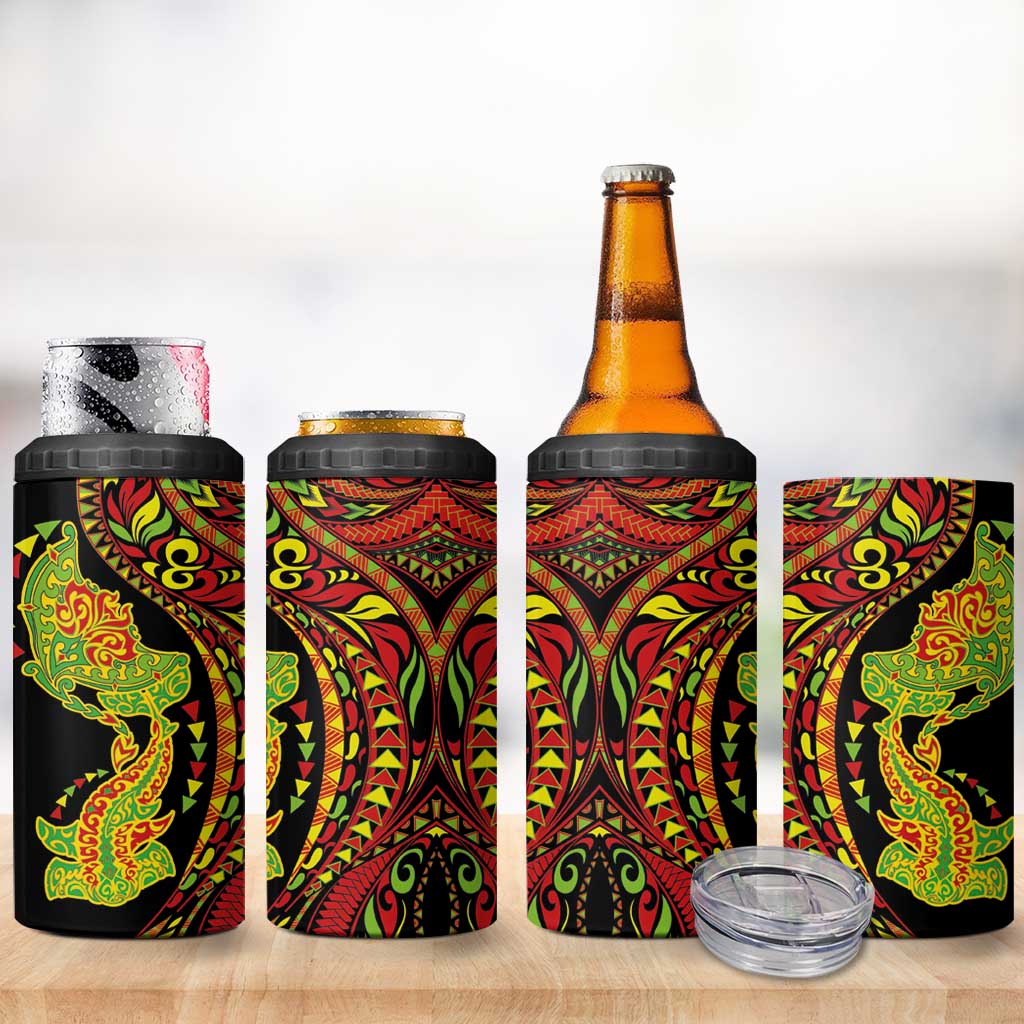 Hawaiian Manta Ray and Hammerhead Shark Tribal Tattoo 4 in 1 Can Cooler Tumbler with Polynesian Tribal Pattern Kanaka Maoli Flag Color LT03 - Polynesian Pride