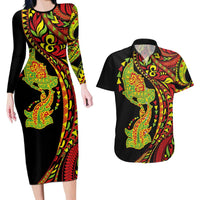 Hawaiian Manta Ray and Hammerhead Shark Tribal Tattoo Couples Matching Long Sleeve Bodycon Dress and Hawaiian Shirt with Polynesian Tribal Pattern Kanaka Maoli Flag Color LT03 Multicolor - Polynesian Pride