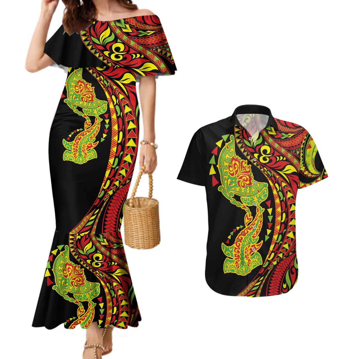 Hawaiian Manta Ray and Hammerhead Shark Tribal Tattoo Couples Matching Mermaid Dress and Hawaiian Shirt with Polynesian Tribal Pattern Kanaka Maoli Flag Color LT03 Multicolor - Polynesian Pride