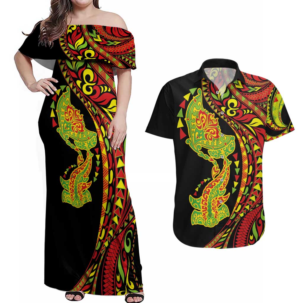 Hawaiian Manta Ray and Hammerhead Shark Tribal Tattoo Couples Matching Off Shoulder Maxi Dress and Hawaiian Shirt with Polynesian Tribal Pattern Kanaka Maoli Flag Color