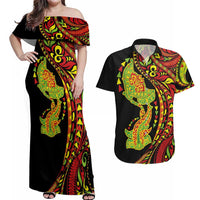 Hawaiian Manta Ray and Hammerhead Shark Tribal Tattoo Couples Matching Off Shoulder Maxi Dress and Hawaiian Shirt with Polynesian Tribal Pattern Kanaka Maoli Flag Color LT03 Multicolor - Polynesian Pride