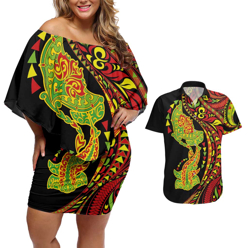 Hawaiian Manta Ray and Hammerhead Shark Tribal Tattoo Couples Matching Off Shoulder Short Dress and Hawaiian Shirt with Polynesian Tribal Pattern Kanaka Maoli Flag Color