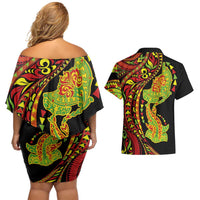 Hawaiian Manta Ray and Hammerhead Shark Tribal Tattoo Couples Matching Off Shoulder Short Dress and Hawaiian Shirt with Polynesian Tribal Pattern Kanaka Maoli Flag Color LT03 - Polynesian Pride