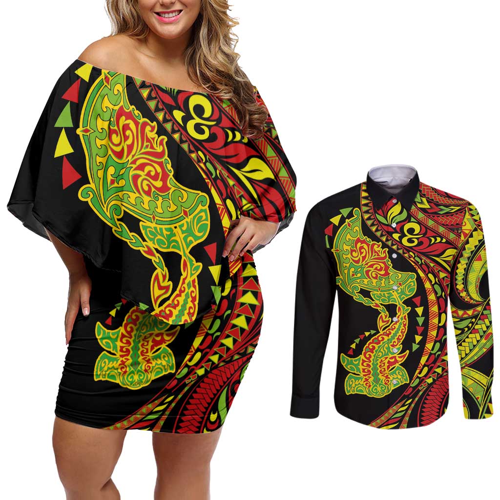 Hawaiian Manta Ray and Hammerhead Shark Tribal Tattoo Couples Matching Off Shoulder Short Dress and Long Sleeve Button Shirt with Polynesian Tribal Pattern Kanaka Maoli Flag Color LT03 Multicolor - Polynesian Pride