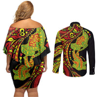 Hawaiian Manta Ray and Hammerhead Shark Tribal Tattoo Couples Matching Off Shoulder Short Dress and Long Sleeve Button Shirt with Polynesian Tribal Pattern Kanaka Maoli Flag Color LT03 - Polynesian Pride