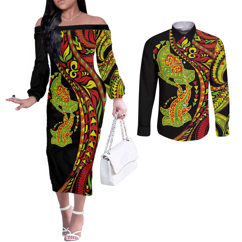 Hawaiian Manta Ray and Hammerhead Shark Tribal Tattoo Couples Matching Off The Shoulder Long Sleeve Dress and Long Sleeve Button Shirt with Polynesian Tribal Pattern Kanaka Maoli Flag Color LT03 Multicolor - Polynesian Pride